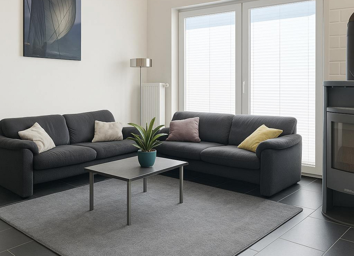 Modernes Wohnzimmer mit Kamin, zwei Sofas  im Ferienhaus Dock 61 in Nordhorn
