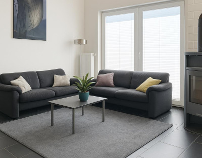 Modernes Wohnzimmer mit Kamin, zwei Sofas  im Ferienhaus Dock 61 in Nordhorn