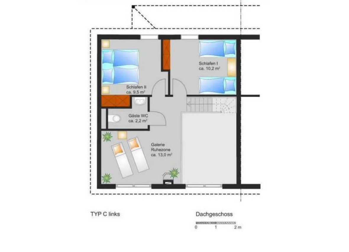 Grundriss der oberen Etage im Ferienhaus „Dock 61“ – Schlafkomfort mit Galerie-Ruhezone