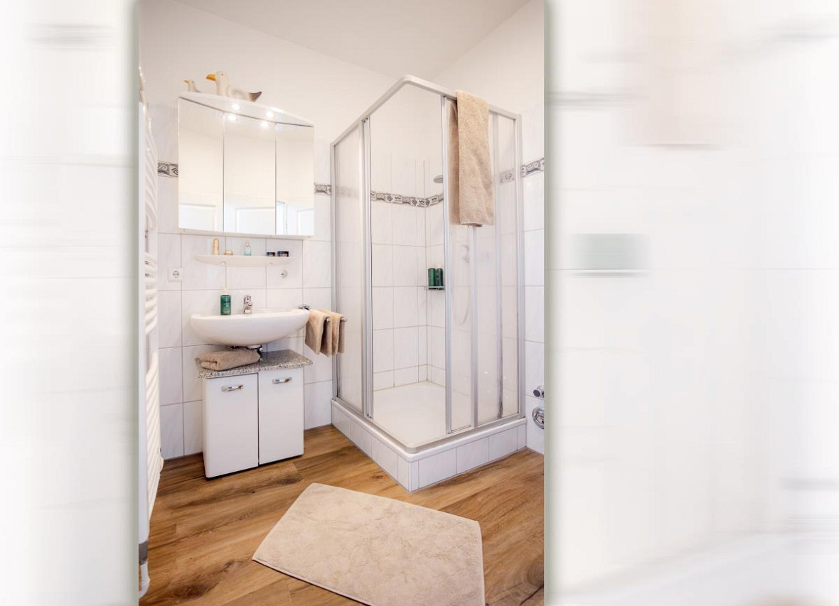 Badezimmer mit Dusche und Waschtisch