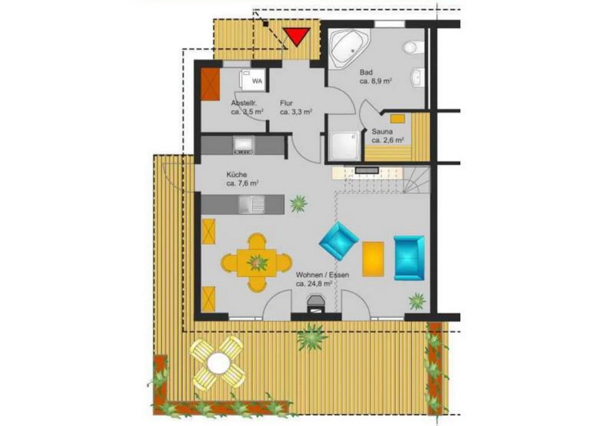 Grundriss Erdgeschoss des Ferienhauses „Dock 61“ in Nordhorn – mit Sauna, Terrasse und offener Wohnküche